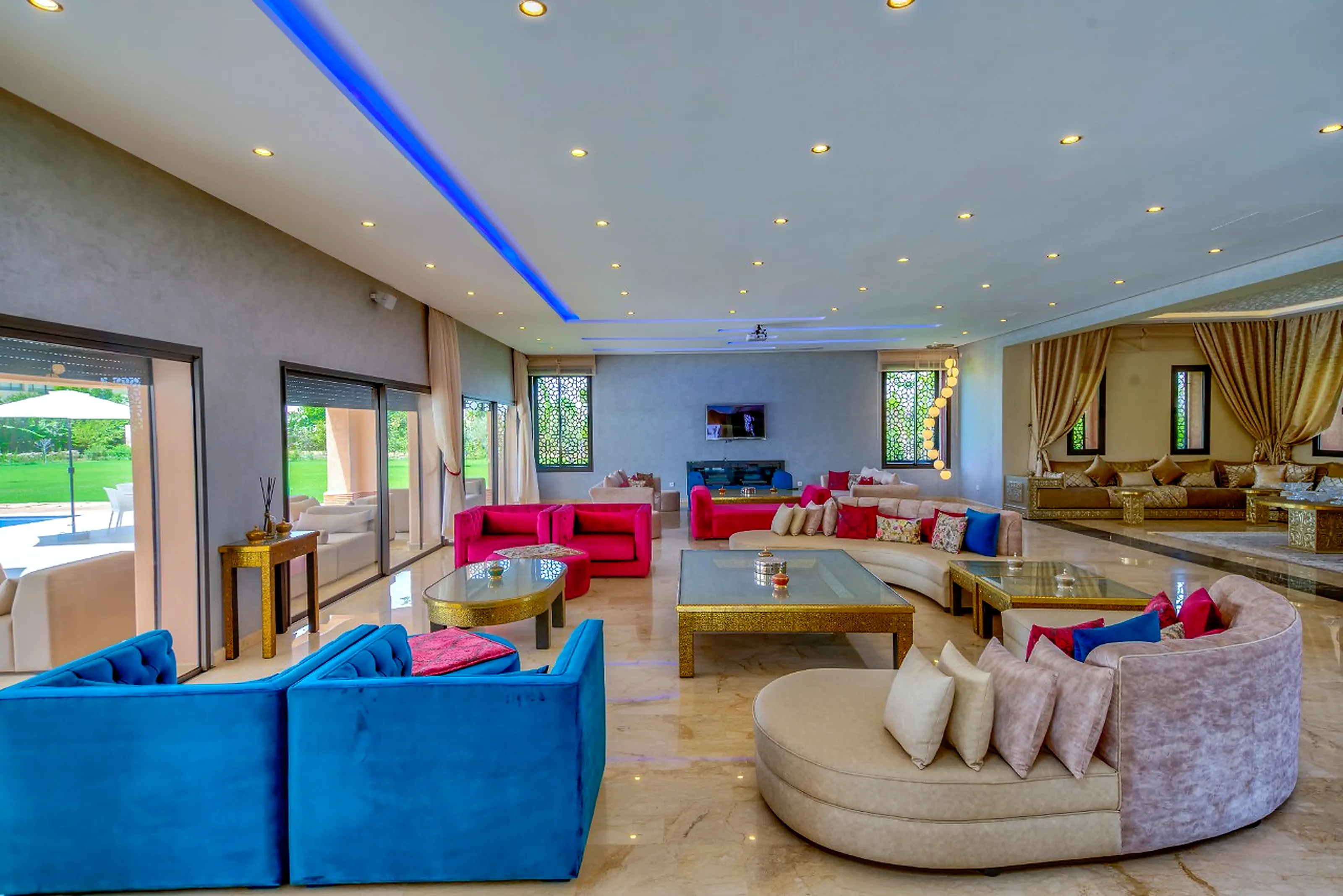 Aerial pool view - 15m infinity pool, travertine deck and tropical garden